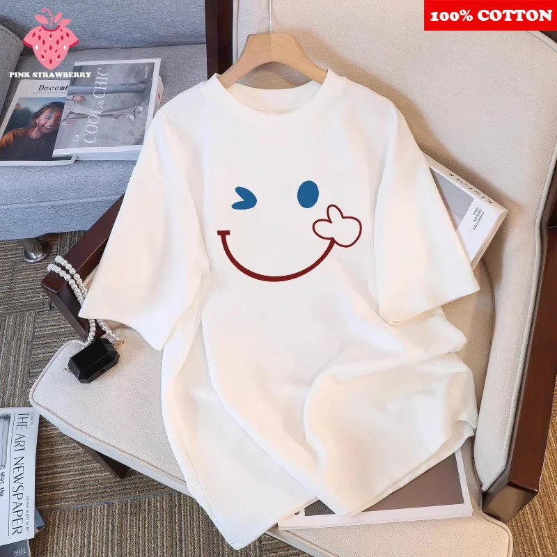 

Cartoon Wink Smiling Print T-shirt Women Summer 2025 New 100% Cotton High quality Short sleeve Loose Tee Y2k Top Female clothing