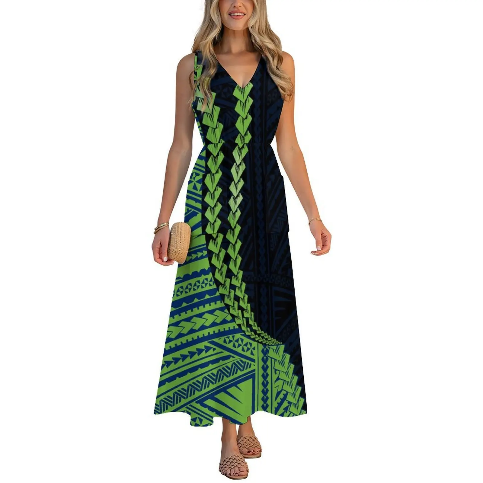 Fijian Tribal Pattern Women'S Beach Dress With V-Neck Design Slim And Comfortable Customizable And Sexy Beach Dress