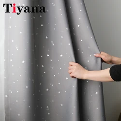 Cortinas blackout cinza para quarto infantil, estrela prateada de desenho animado para crianças, sala de estar, varanda, janela, tule branco