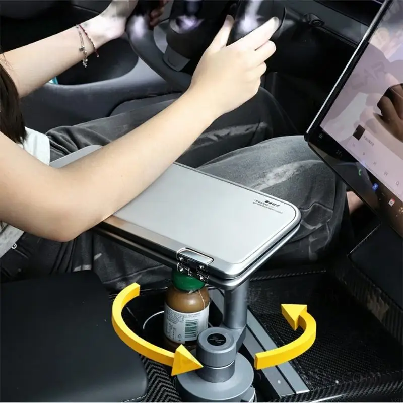 Front Desk Car Tray Table, Center Console Cup Slot Mount with Turn Arm, Two-Panel Top for Parked Meals and Quick Writing X37F
