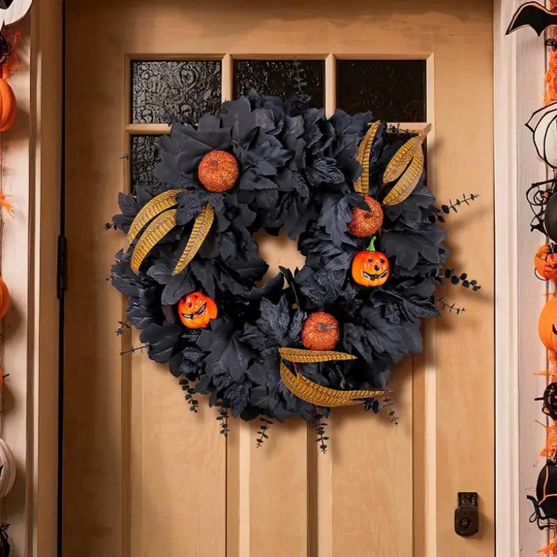 

Хэллоуинский венок с черными кленовыми листьями и тыквами, готическая гирлянда-подвеска для входной двери, крыльца, окна, декор для дома и улицы на Хэллоуин.