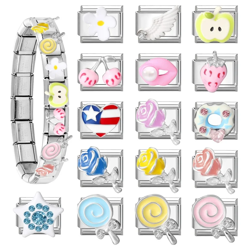 Y2K Dreamy Jellyfish Candy Lips Heart Star Bow Wing Shiny Italian Charm Link Fit 9MM Stainless Steel Bracelet Women DIY Making