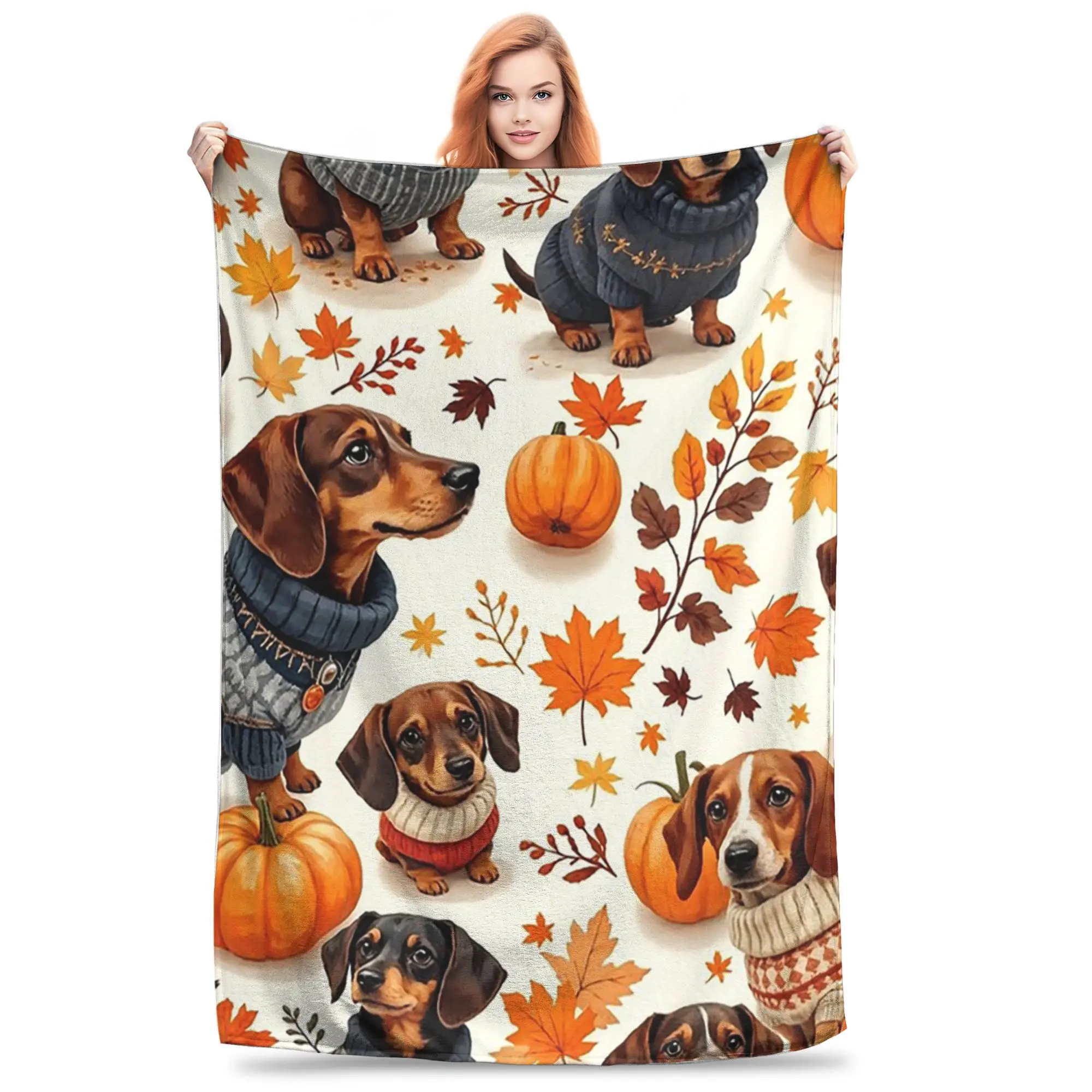

Flannel Throw Blanket Autumn Dachshunds Autumn Leaves And Dog Warm Plush Blankets Soft Bedspread for Bed Living room Home Picnic