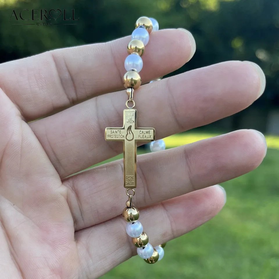 ACEROLL Stainless Steel Rosary Beads Bracelet with Saint Benedict,Miraculous Medal,Cross of the Sons and Daughters of the Light