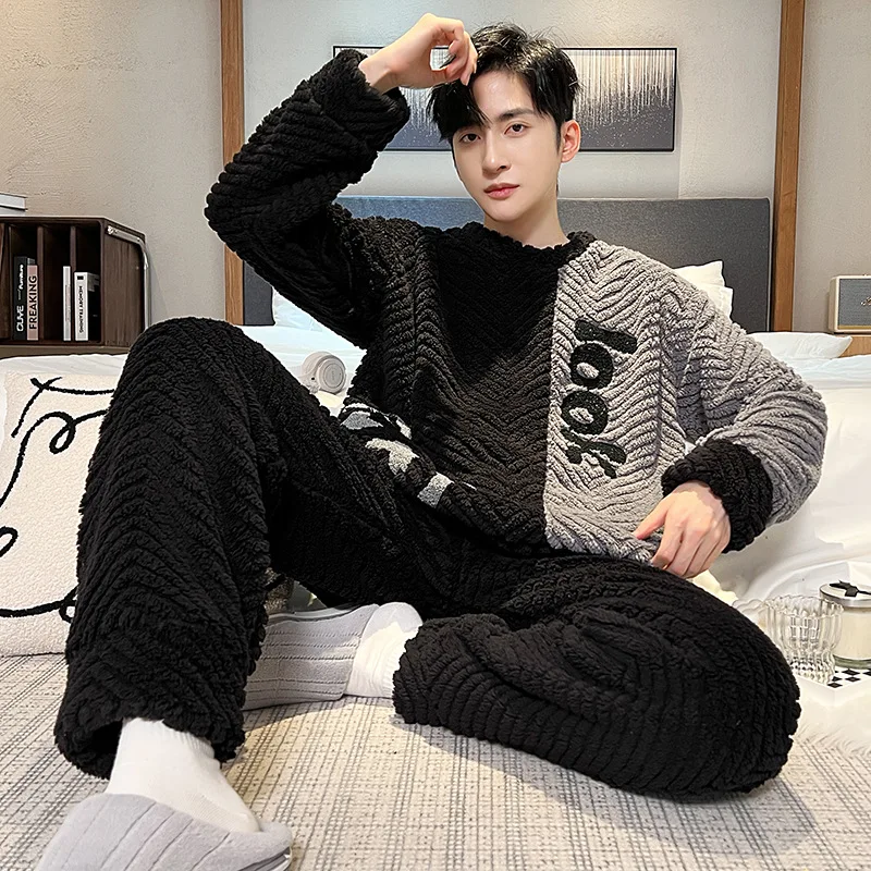 Higher Quality Thickened Warm Flannel Plus Size Men’s Pajamas Winter Nightwear Loungewear Fashion Striped Sleepwear Homewear