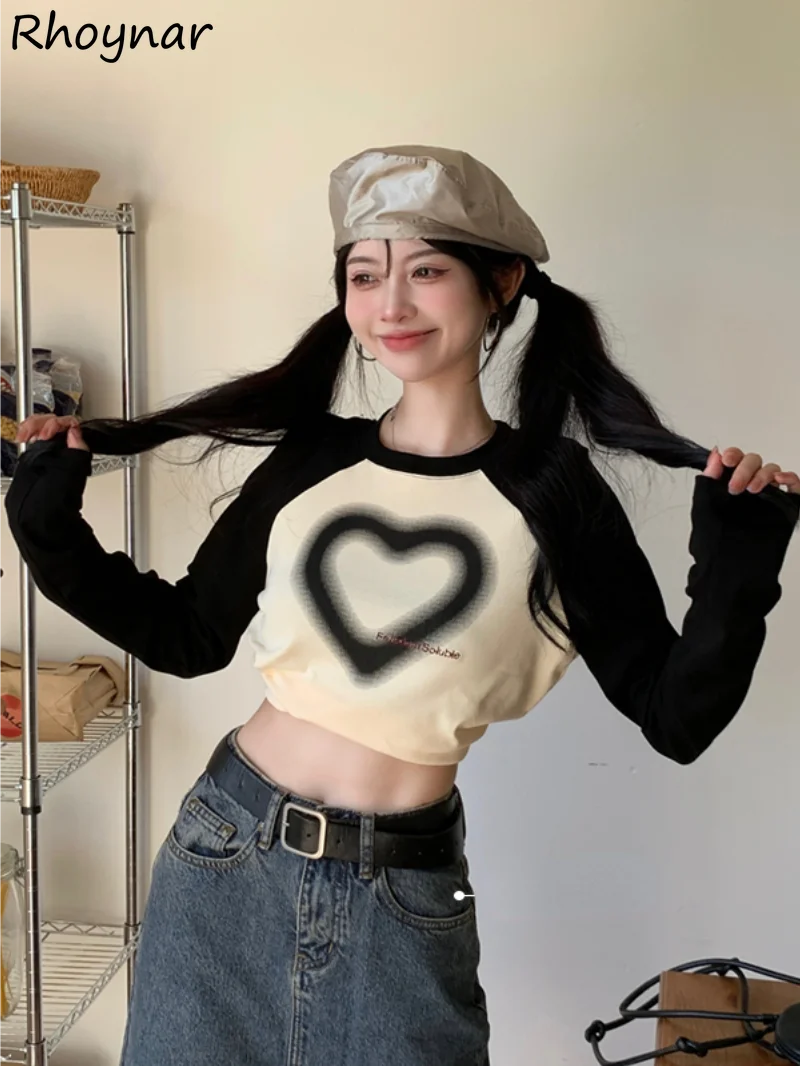 Long Sleeve T-shirts Women Sweet Heart Print Y2k Clothes Crop Tops Harajuku College All-match Patchwork Casual Design Chic Sexy