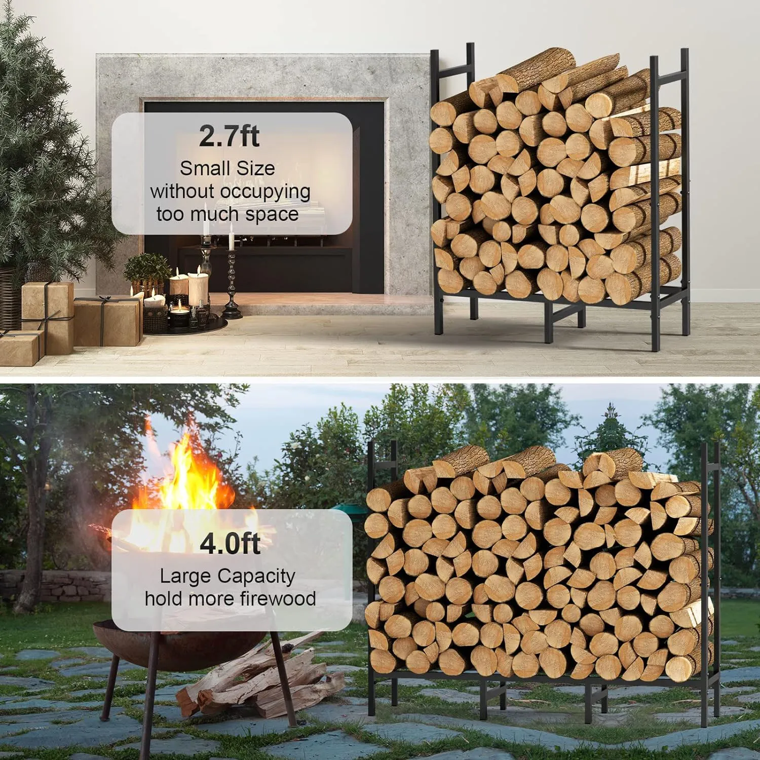 Adjustable Heavy-Duty Wood Rack Brackets for Indoor/Outdoor Fireplace Storage. Metal Log Carrier Organizers for Firewood Stackin