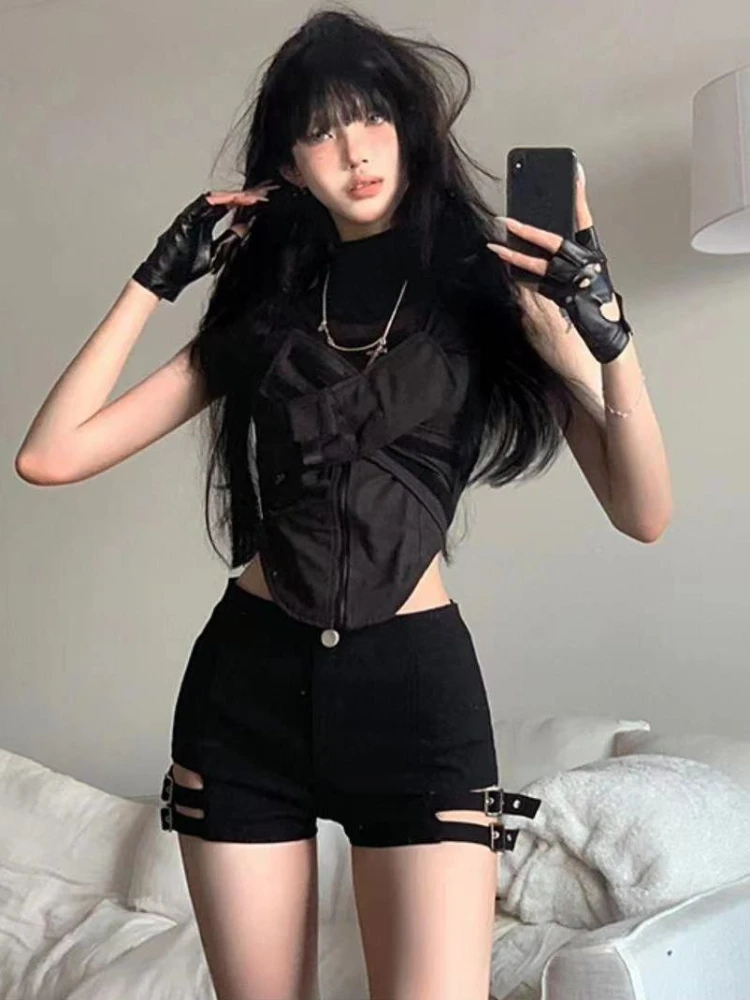 QWEEK 2024 Y2k Sexy Bandage Coquette Denim Shorts Women 2024 Spring Summer Fahsion Streetwear Black High Waist Jeans