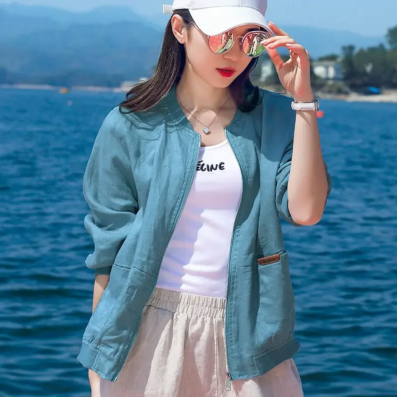 

Cotton Linen Thin Women's Jacket Short Linen Loose Breathable Jacket Woman 2024 Summer New Fashion and Leisure Coat Top Jacket