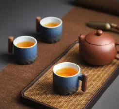 6Pcs Retro Ceramic Espresso Cup Set with Wooden Handle Handmade Coffee Tea Mug for Office And Home Water Drinkware