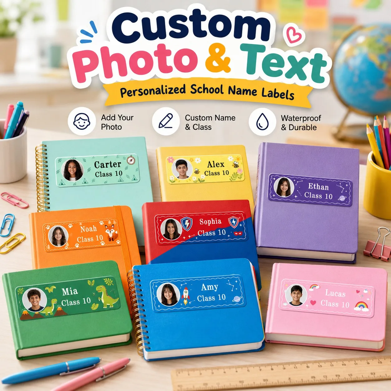 Customized Photo Name Class Stickers, Personalized Student Labels, Suitable for Books, Notebooks, Pencil Cases, Water Bottles, Lunch Boxes, and School Supplies
