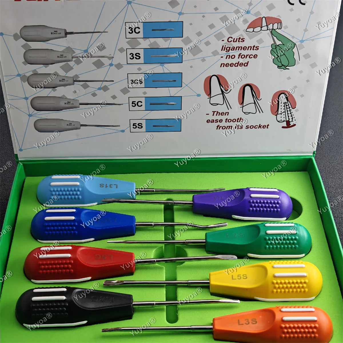 8pcs/set Dental Luxating Lift Elevators Curved Root Extracting Dentistry Surgical Screwdriver with Colourful Plastic Handle