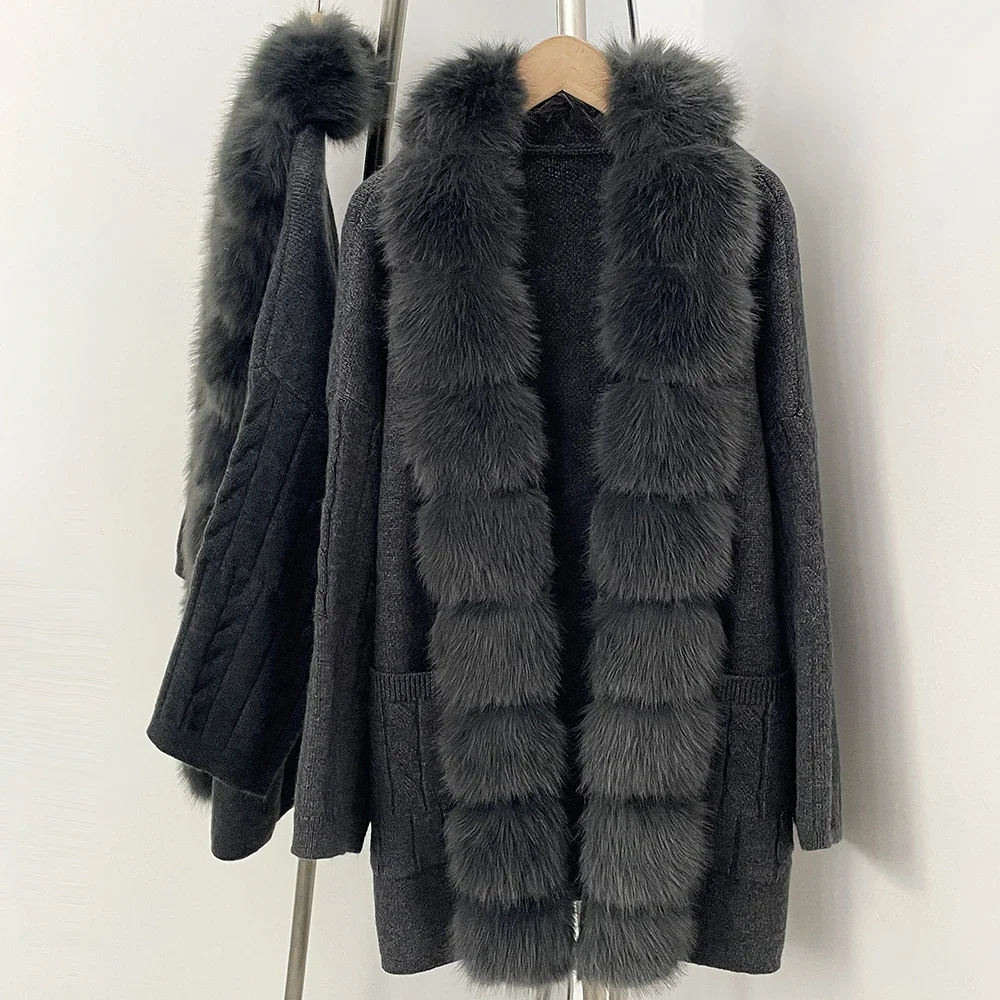 OFTBUY Kabelstrick Loser Warmer Neuer Wintermantel für Damen, Gestrickter Cardigan mit Kunstfuchspelzkragen, Mittellanger Pullover-Mantel für Frauen – Detail 14
