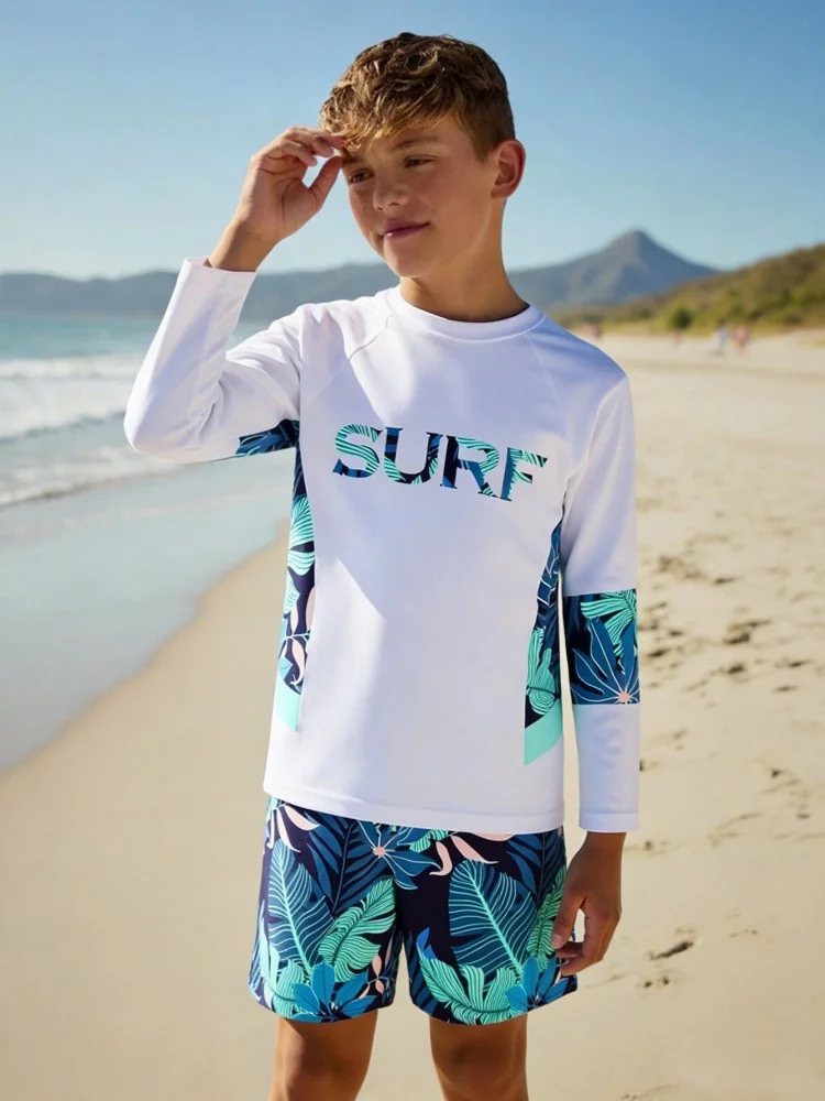 Boy Kids Swimsuit 2026 New Solid Leaves Long Sleeves Children Swimwear Summer Two Piece Shorts Beachwear Bathing Suit Swimming