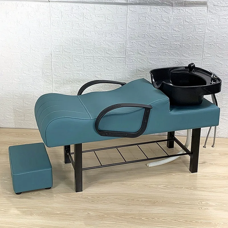 The same shampoo bed in the hair salon, flushing  short plastic basin with pedals, half lying Thai hair salon shampoo bed.