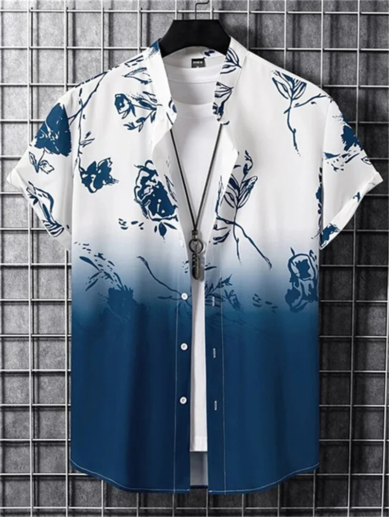 Men's Gradient Flower pattern 3D Print Top Summer Hawaii Beach Shirts Outdoor Party Men's Breathable Loose Short Sleeve Apparel