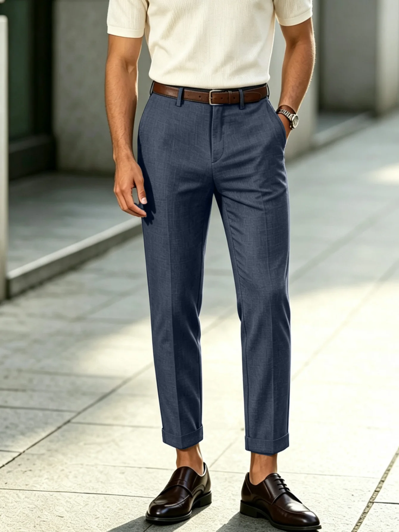 Men's Dark Blue Linen Textured Suit Pants Cropped Trousers Roll Cuff Tapered Business Casual Ankle DressSmartCasualAnkleTrousers