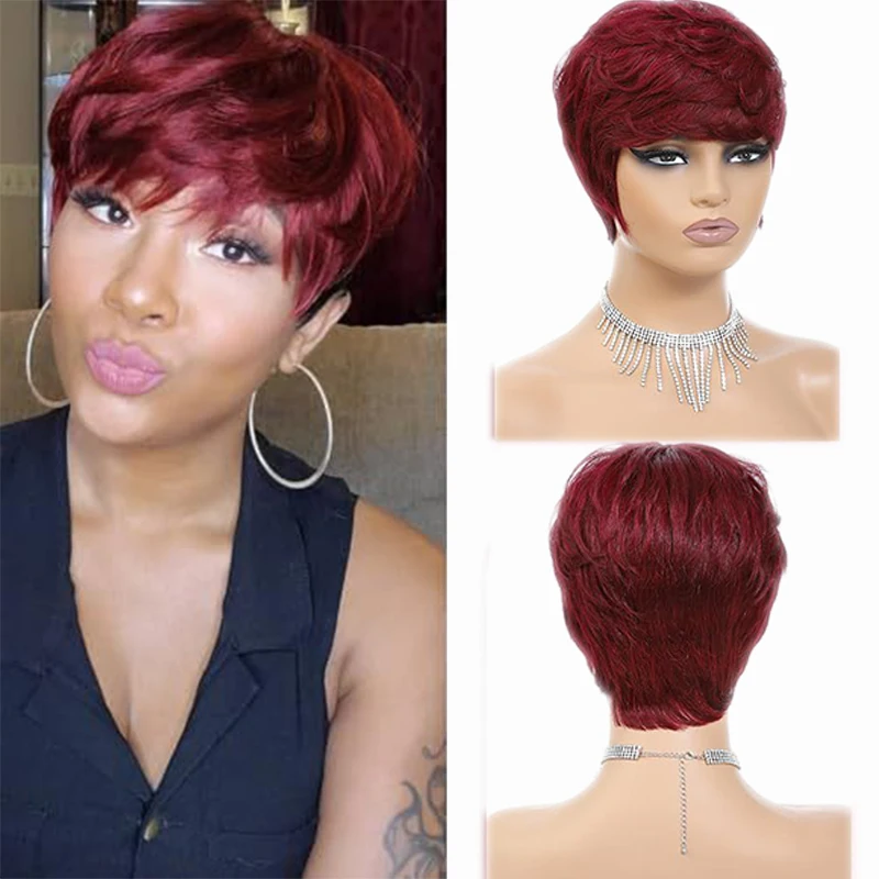 Short Bob Wig Human Hair for Black Women Pixie Cut Wigs Human Hair Wig Glueless Wig None Lace Front Wig with Bangs Natural Black