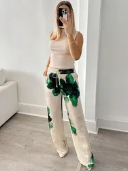 HH Woman New Fashion Spring Long Pants Green Print Mid-Waist Elastic Waist Lace-Up Decoration Pockets Female Wide Leg Pants