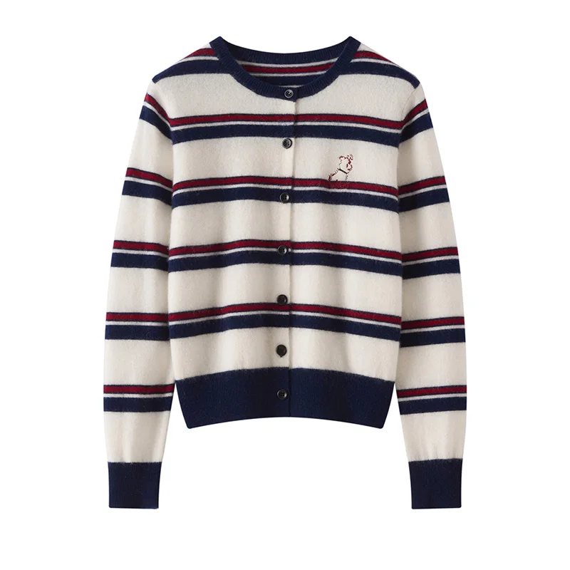 

Autumn Winter New 100% Cashmere Cardigan Women Striped Outer Embroidered Puppy Sweater Women Knitted Cardigan Round Neck Coat