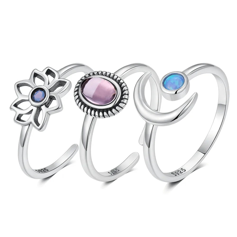 BOAKO 925 Sterling Silver Blue Opal Purple Gemstone Open Rings For Women Silver Color Lotus Moon Shaped Finger Ring Fine Jewelry