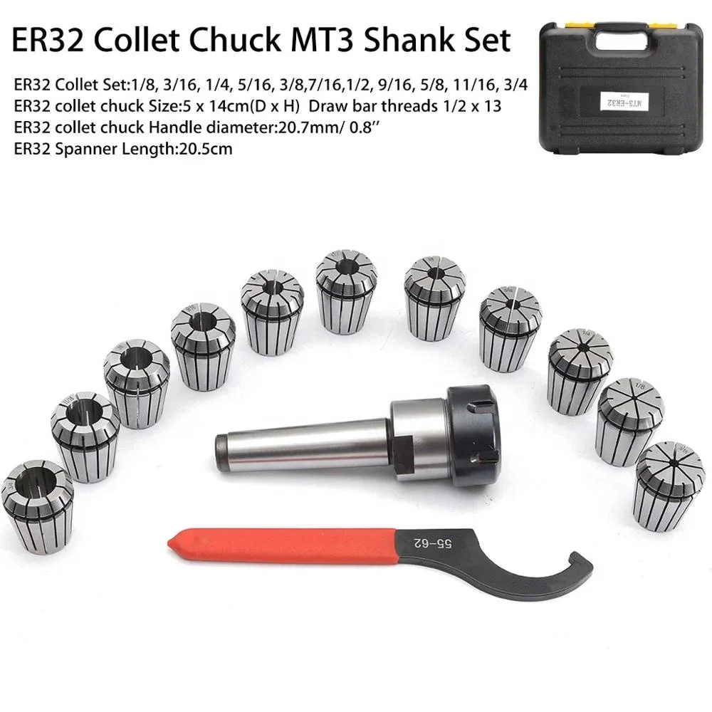 MT3 Shank With 11PC ER32 Collet Set ER32 Chuck & Spanner For Milling Machine (R8-ER32)