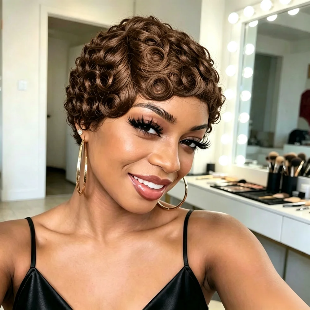 Full Machine Made Human Hair Short Curly Pixie Wig for Women, Finger Roll Curl Short Wigs, Natural Looking Human Hair Wig
