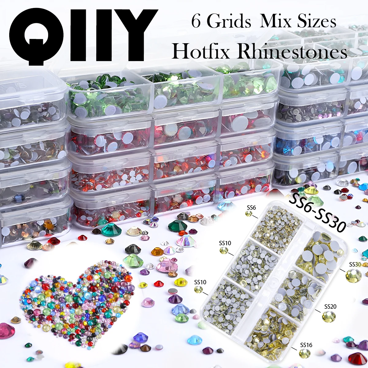 QIIY 6 Grids Glitter Nail Art Hotfix Rhinestones Boxed Mixed Sizes Glass Flatback Crystal for DIY Clothes Decorations Supplies
