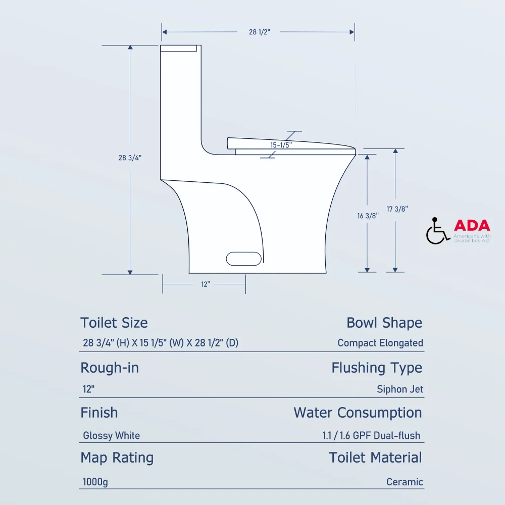 1.1/1.60 GPF Dual-Flush One Piece Toilet, Water-Saving Elongated Comfort Height Floor Mounted, Soft Closing Seat, 1000 Gram Map Flushing Score Toilet, Glossy White GF-24T02-GW