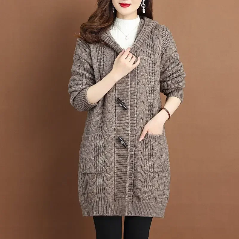 5XL Large Size New Autumn Winter Thicken Sweaters Fashion Hooded Knitted Outerwear Women\'s Cardigan Sweater Knitting Jacket V934