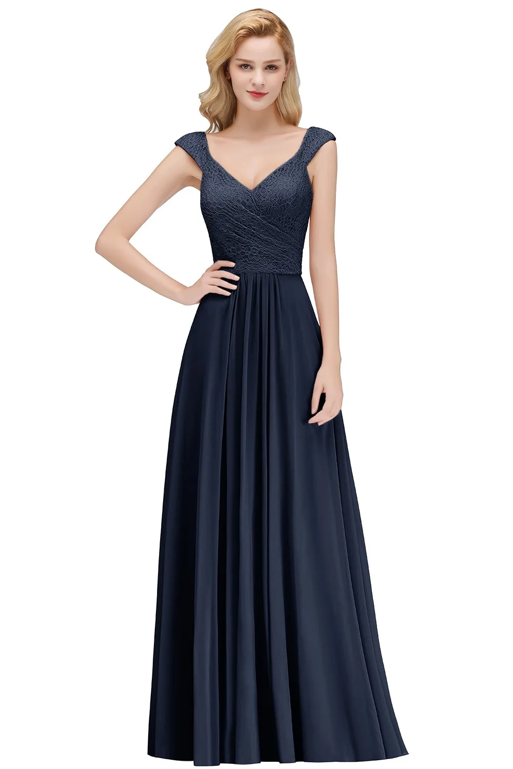 Lace Chiffon Evening Dresses Women Long Pleat A Line V Neck Sleeveless Bridesmaid Formal Wedding Party Prom Gowns Robe De Soiree