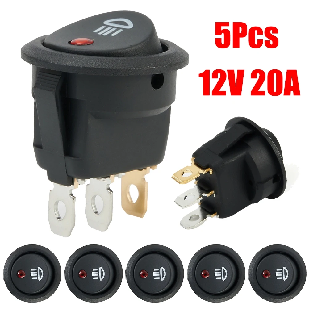 5-Pack 12V 20A Round Rocker Switch With Red LED Fog Light Symbol On-Off Toggle/ For Car Truck Boat Black ABS Plastic 23mm