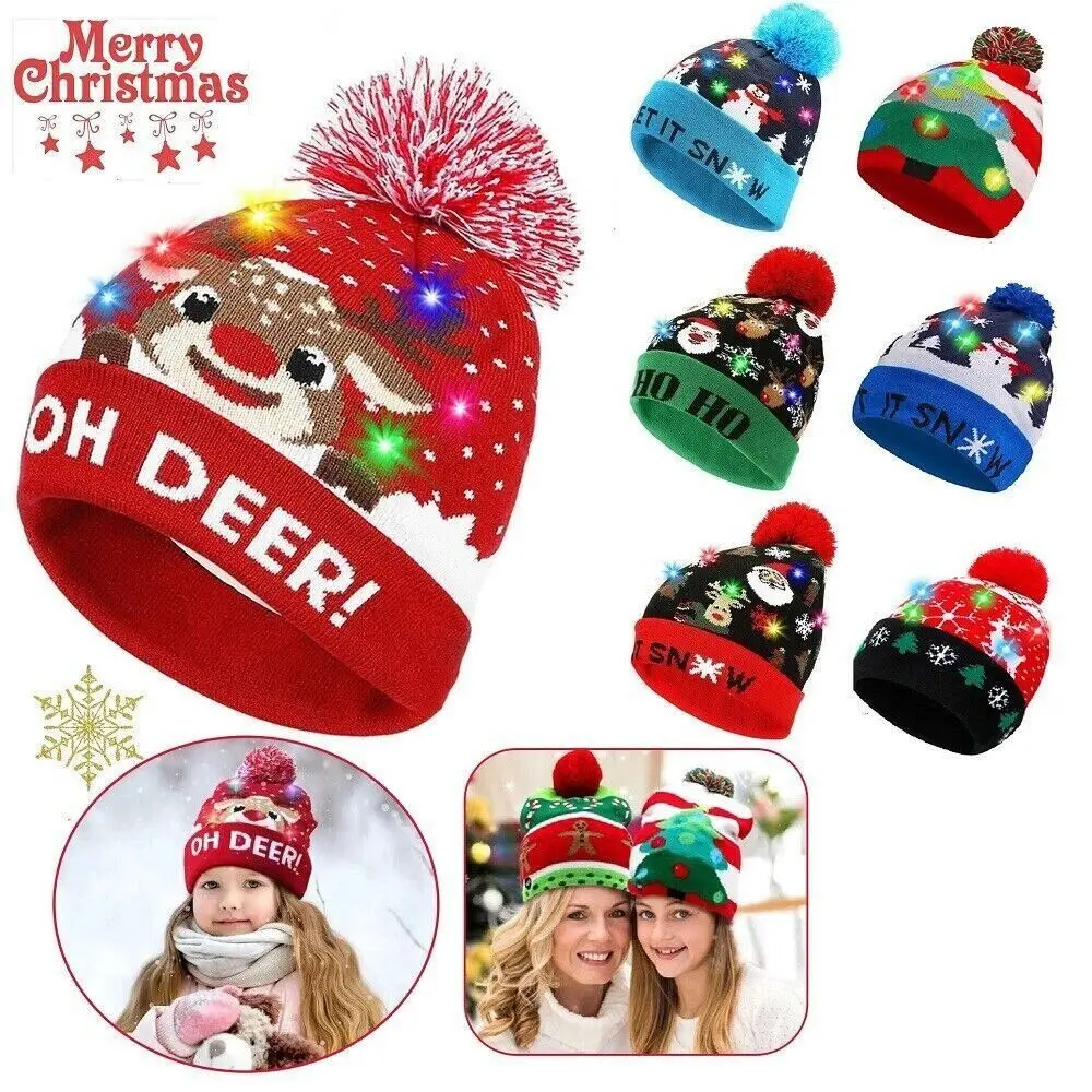 Winter Warm LED Christmas Hats Santa Xmas Light Up Beanie Colorful Cartoon New Year Cap Christmas Party