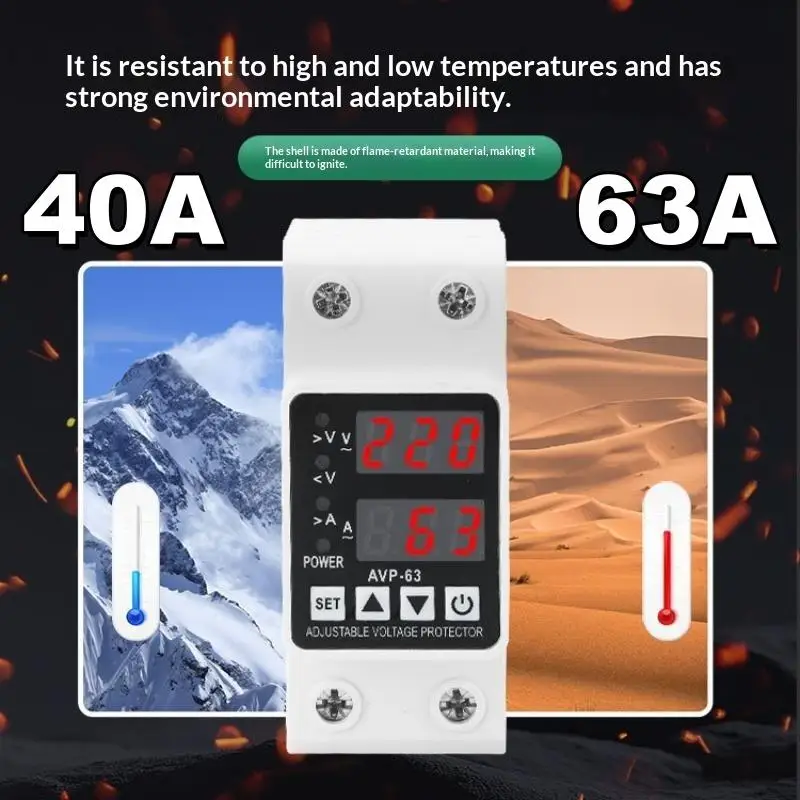 1Pcs Auto Reset 220V Circuit Protection Device 40A 63A DIN Rail Over Under Voltage & Over Current Limiter Digital Display