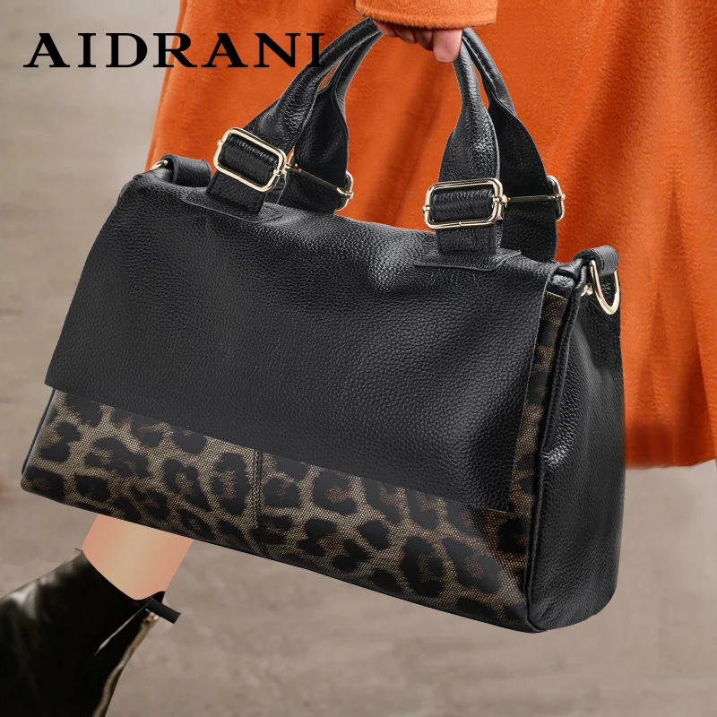 Aidrani Genuine leather handbag 2024 women\'s fashion bag premium leopard print luxury brand top cowhide bag