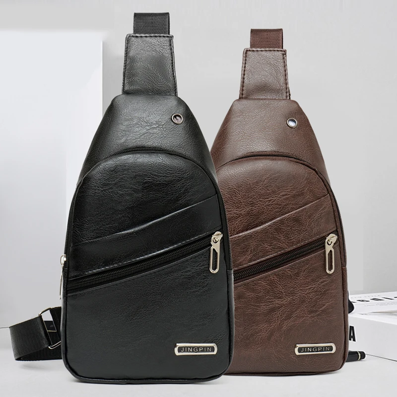 2024 waterproof pu Leather Casual Fashion Crossbody Chest Bag men\'s leather bag USB Charging Travel Shoulder Bag Daypack Male