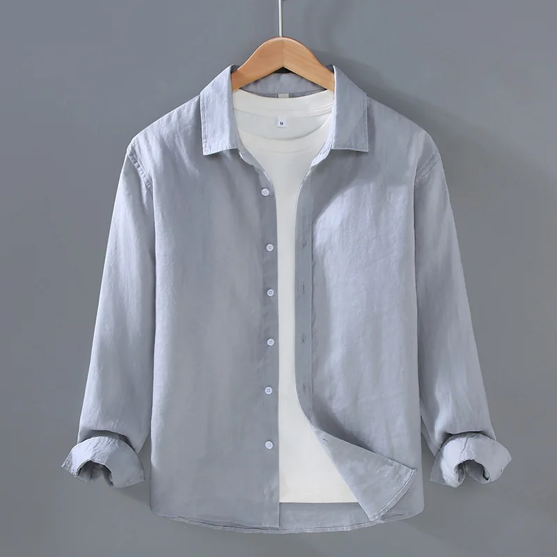 

Мужская рубашка из чистого льна премиум-класса, повседневная, свободного кроя, с воротником, весна-лето, универсальная, больших размеров, модная одежда