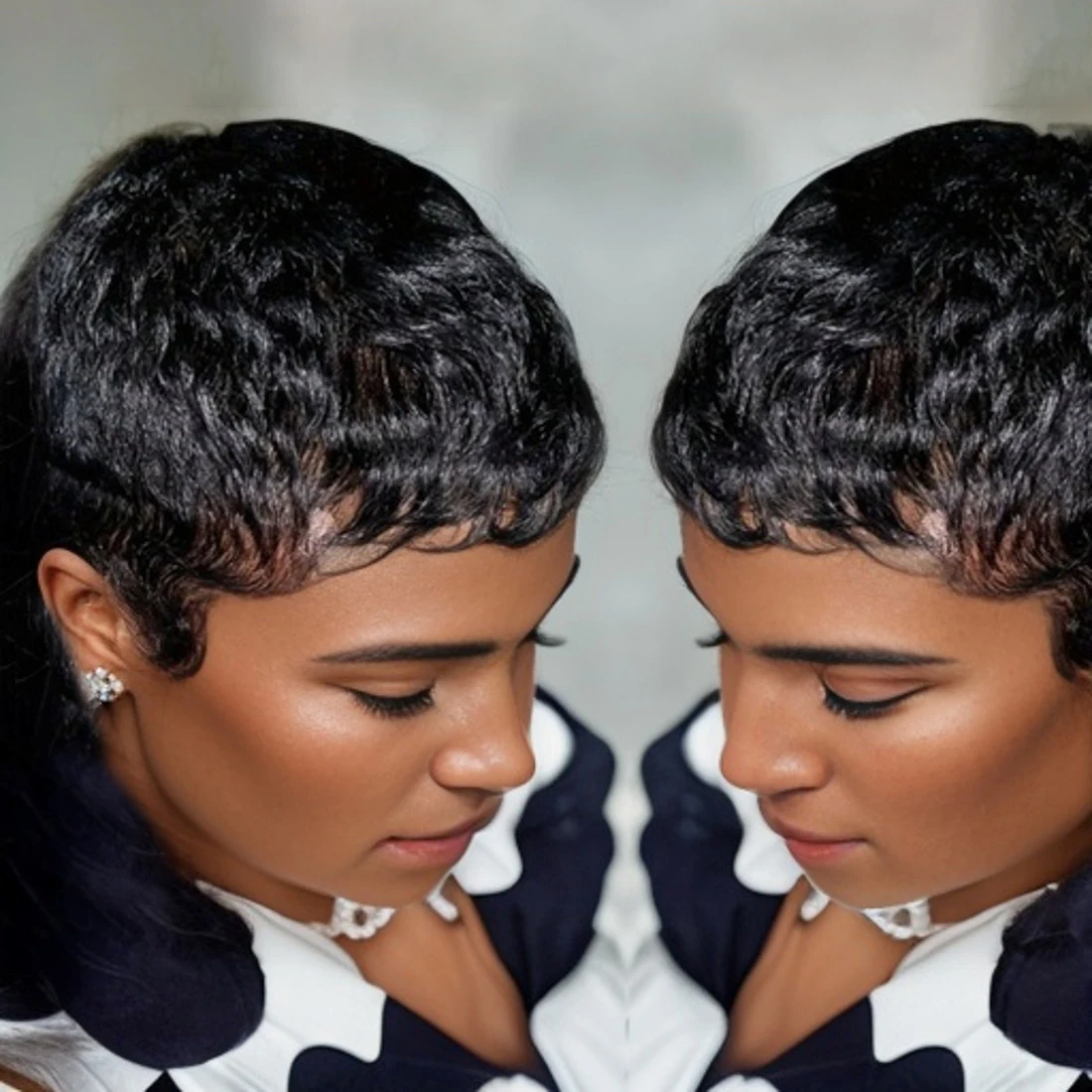 

Короткий парик в стиле пикси из натуральных человеческих волос для женщин, натуральный черный волнистый парик, волосы Реми, полностью машинного изготовления