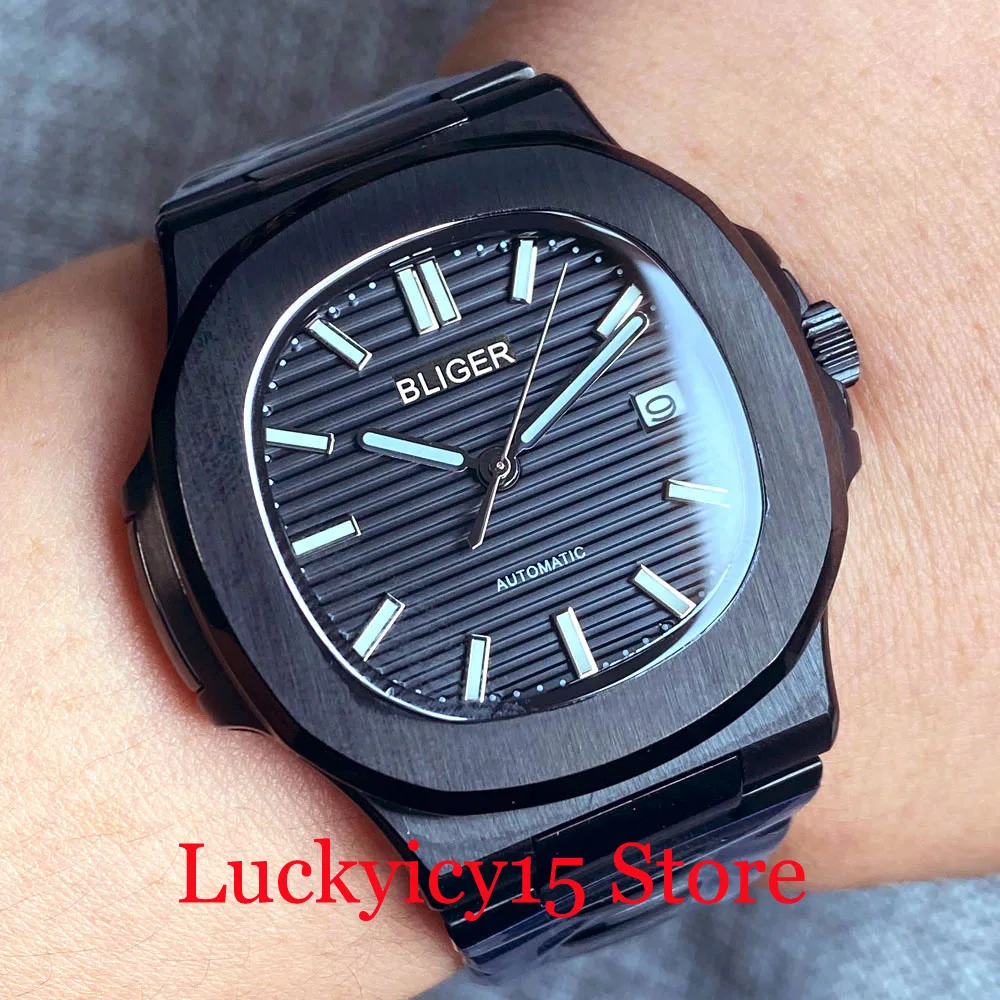 

BLIGER 40MM Black PVD Square Case Men's Watch NH35A MINGHZU MIYOTA PT5000 Movement Sapphire Crystal Mental Band Screw Down Crown