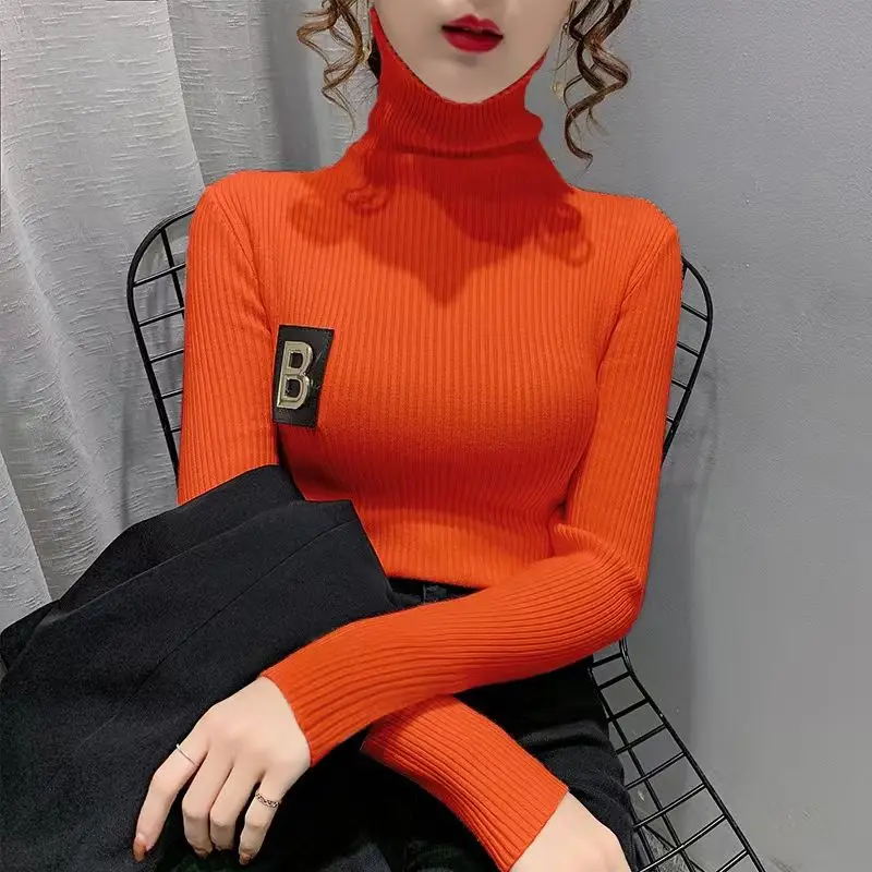 Women Korean Fashion Appliques Turtleneck Elegant Basic Knitwear 2023 Autumn Winter Solid Long Sleeve Slim Pullover Tops Jumpers