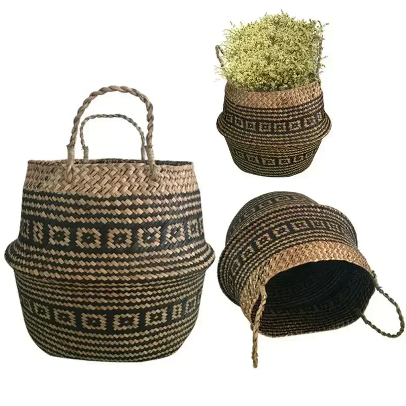 

New 1pc Foldable Handmade Rattan Woven Flower Basket Seagrass Clothing Storage Basket Home Decoration Flower Basket