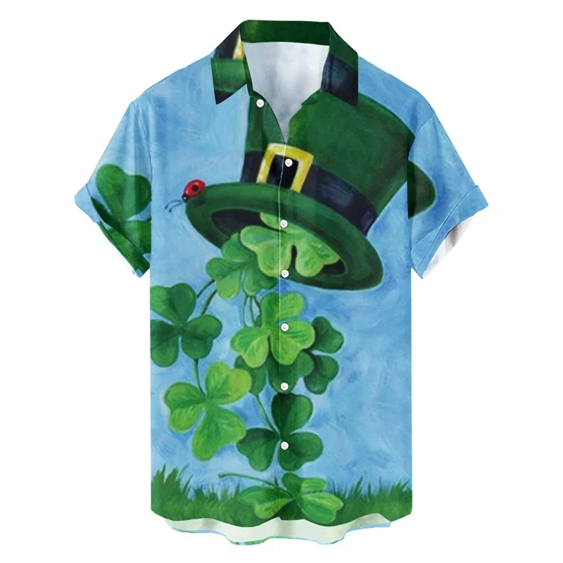 2024 St Patricks Day Shirt For Men 3d Full Print Green Four Leaf Graphic Tees Shirt Casual Short Sleeve Festival Beach Shirts