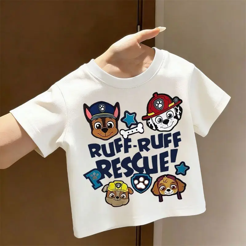 Paw Patrol T-Shirt Kids Boys Girls White Short Sleeve Round Neck Ruff Ruff Rescue Chase Marshall Rubble Skye Cartoon Dog Print