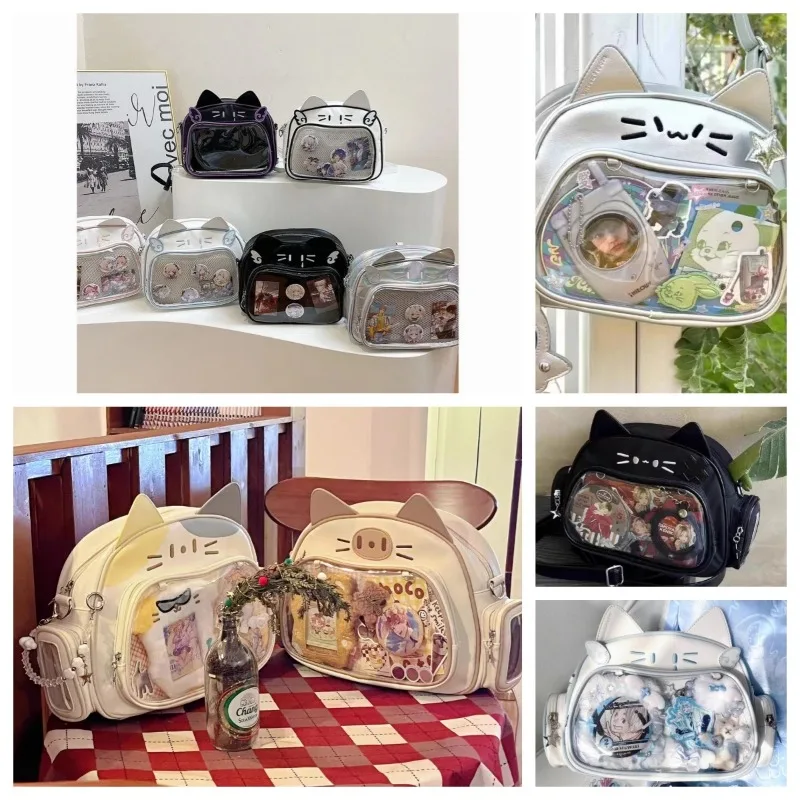 Y2K Ita Bag Cat Plecak z PU Składane, regulowane paski na ramiona, bezpieczny zamek błyskawiczny, elegancki i uroczy plecak w stylu preppy