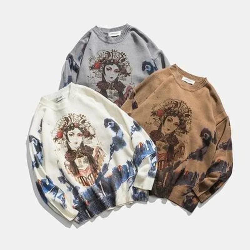 Autumn Chinese Style Printed Dyed Pullover Sweater Men's Loose Retro National Beijing Opera Top Couple Unisex Jumpers Streetwear