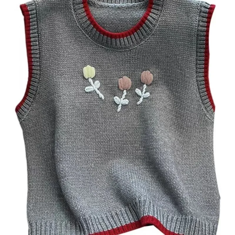 Korean Women Early Autumn Tulip Embroidery Knit Vest Round Neck Color Block Trim Handmade Look Sleeveless Pullover Waistcoat