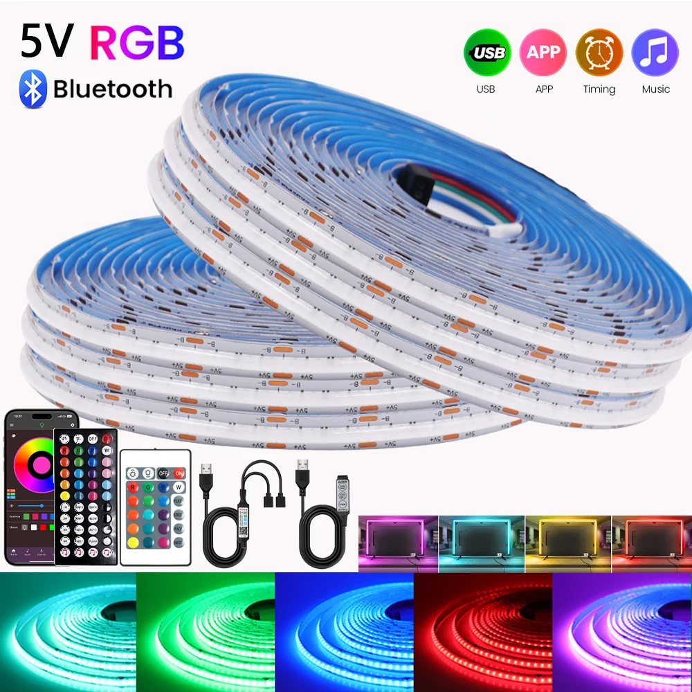 5V RGB USB Powered COB Light Strip 576LEDs/M Bluetooth APP Adhesive Tape 24key 44key Remote Kit Music TV Backlight Flex Lighting
