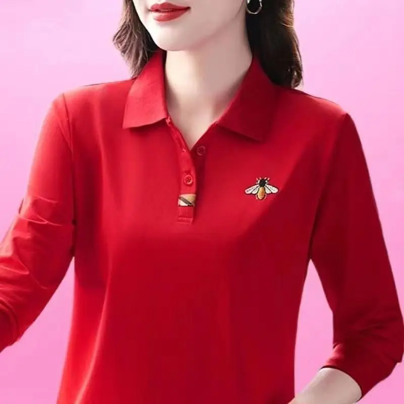 Long sleeve T-shirt Women's Spring and Autumn 2024 New Woman Tops Bottoming Shirt Middle-aged Lapel Slim-fit Polo Shirts