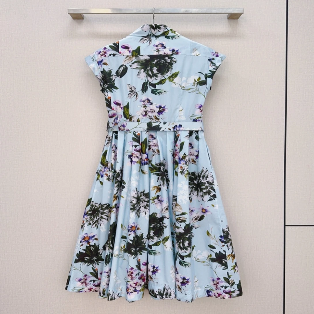 Women Summer New Arrival Blue Waist Belt Dress