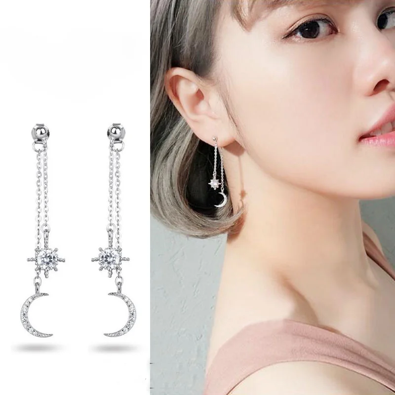 Hot Fashion 925 Sterling Silver Crystal Star Moon long Earrings for Women Girls Gift Fashion Statement Jewelry